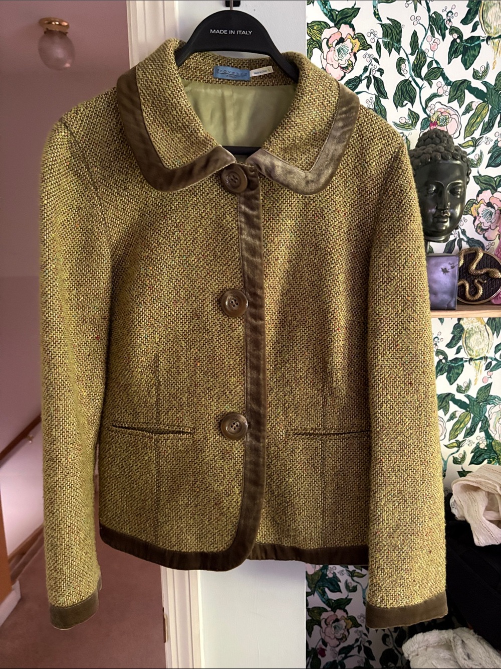 Women's Olive Tweed Jacket with Velvet Trim